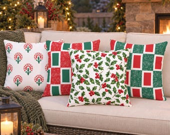 Green, Red and White Christmas Outdoor Pillow, 12 Design Choices, Patio Decor, UV Resistant, Mildew Resistant, Christmas Winter Decor