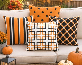 Orange, Black and White Outdoor Pillow, 12 Design Choices, Patio Decor, UV Resistant, Mildew Resistant, Halloween Decorating, Autumn Gift