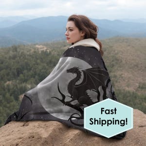 Dragon & Moon Hooded Sherpa Fleece Blanket, Stay Warm While Lounging, Watching TV, Camping, Reading, Gaming, RV Living, Ideal For Dorm Life