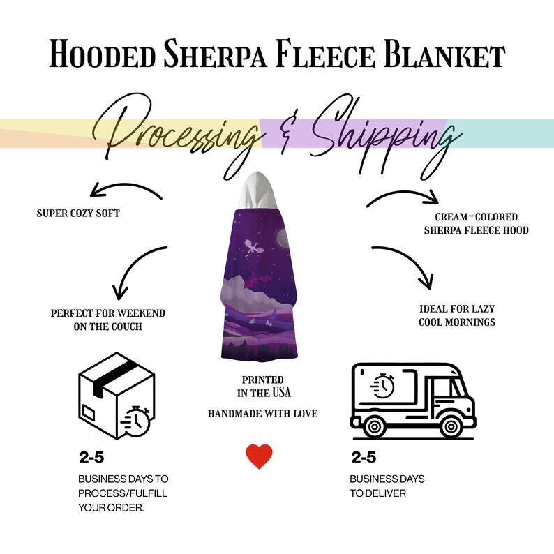 May include: A hooded sherpa fleece blanket with a purple and white design, featuring a cream-colored sherpa fleece hood. The blanket is described as super cozy and perfect for the weekend. The text says "Printed in the USA" and "Handmade with love".