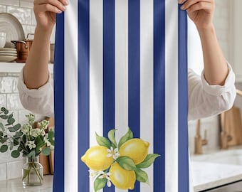 Citroner på marinblå ränder kökshandduk, bordslöpare, quiltad löpare, sommardekor, citron Positano, bordsdetaljer