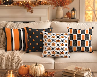 Orange, Black and White Indoor Throw Pillow, Throw Pillow Case, 12 Design Choices, Halloween Decorating, Autumn Gift, Halloween Home Decor