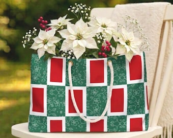 Green, Red & White Floral Rectangular Checks Weekender Bag, Winter Styling, Geometric Gift, Christmas Accessory