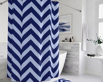 Light and Dark Blue Zigzags or Dots Shower Curtain, Bath Mat, 3 Design Choices, Summer Decorating