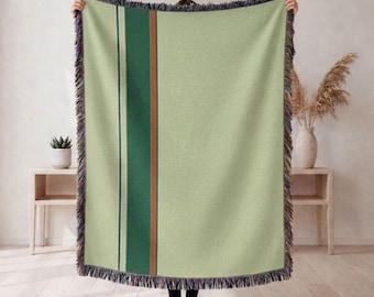 Off-centered Striped Light Green Woven Throw Blanket, Christmas Decorating, Stripes Gift, Home Decor for Christmas, Winter Decor
