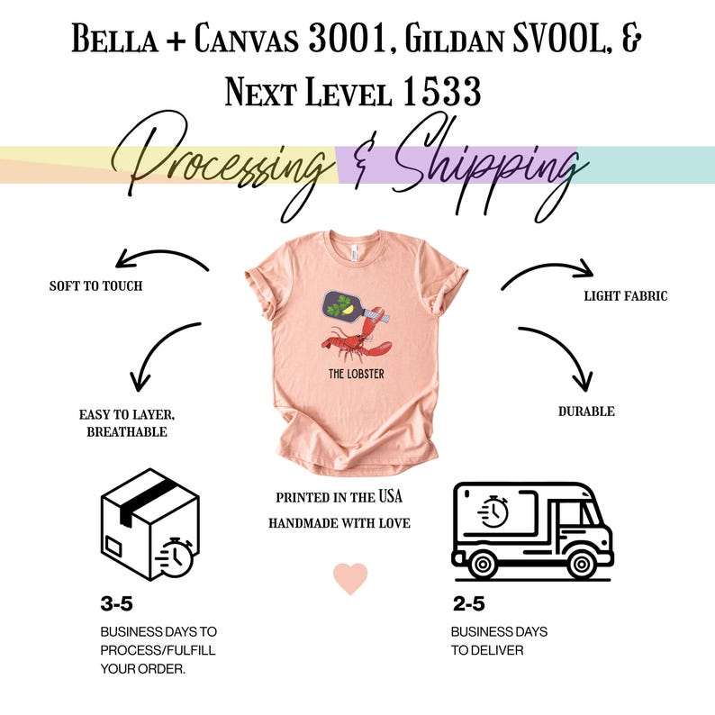 May include: A peach-colored t-shirt with a graphic of a lobster holding a bottle of wine. The text "THE LOBSTER" is below the graphic. The shirt is described as soft, breathable, and durable.