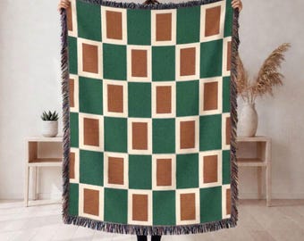 Green, Red, & Cream Rectangular Checks Woven Throw Blanket, Christmas Decorating, Checked Gift, Home Decor for Christmas, Winter Decor