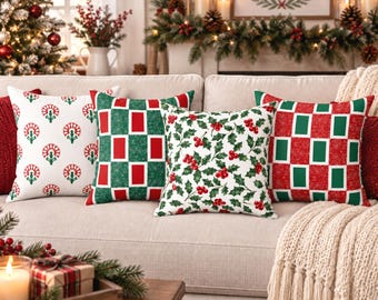 Green, Red & White Christmas Indoor Throw Pillow, Throw Pillow Case, 12 Design Choices, Winter Decorating, Holly Gift, Christmas Home Decor