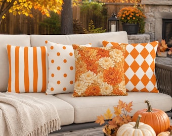 Orange & Cream Outdoor Pillow, 8 Design Choices, Patio Decor, UV Resistant, Mildew Resistant, Halloween Decorating, Autumn Gift, Fall Decor