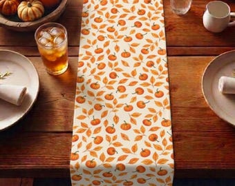 Orange Leaves and Pumpkins Table Runner, Quilted Runner, Tea Towel, Halloween Decorating, Pumpkin Gift, Halloween Home Decor, Fall Decor