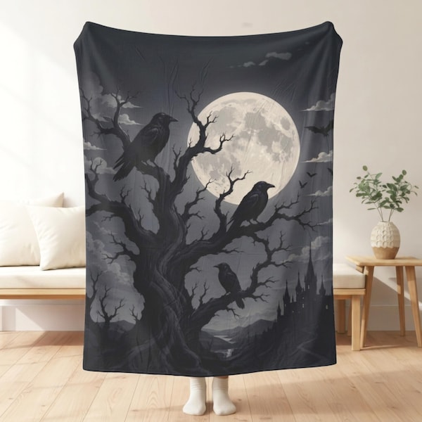 Ravens in a Tree Velveteen Throw Blanket, Halloween Decorating, Spooky Decor Gift, Halloween Home Decor, Crow Gift, Fall Decor, Soft Blanket