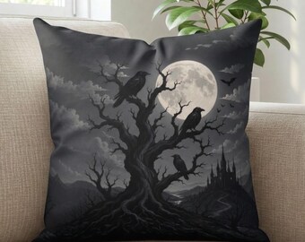Ravens in a Tree Indoor Throw Pillow, Throw Pillow Case, Halloween Decorating, Spooky Gift, Halloween Home Decor, Crow Gift, Fall Decor