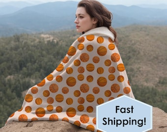 Basketball Hooded Sherpa Fleece Blanket, Wrap Up With Warmth While Lounging On The Couch, Watching TV, Camping, Gaming, Ideal For Dorm Life