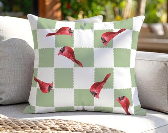 Green Checks and Cardinals Outdoor Pillow, Patio Decor, UV Resistant, Mildew Resistant, Christmas Decorating, Bird Gift, Winter Decor