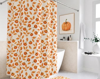 Orange Leaves and Pumpkins Shower Curtain, Bath Mat, Halloween Decorating, Pumpkin Gift, Halloween Home Decor, Fall Decor