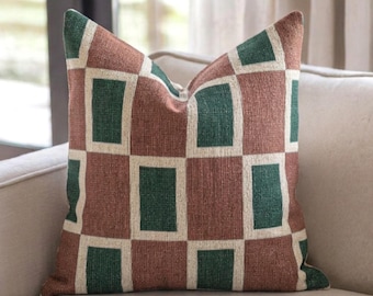 Red, Green, & Cream Rectangular Checks Woven Throw Pillow, Christmas Decorating, Checked Gift, Home Decor for Christmas, Winter Decor