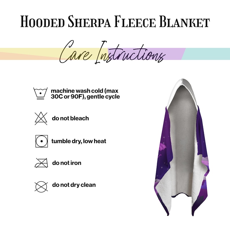 May include: A hooded sherpa fleece blanket with a purple and white design. The blanket has a hood and is shown folded. Care instructions are also displayed, including machine wash cold, do not bleach, tumble dry low, do not iron, and do not dry clean.