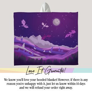 May include: A hooded blanket featuring a fantasy landscape with purple mountains, trees, and dragons flying under a starry night sky with a full moon. The text "Love It Guarantee!" is also visible.