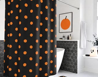 Orange and Black Zigzags or Dots Shower Curtain, Bath Mat, 3 Design Choices, Halloween Decorating, Autumn Gift, Halloween Home Decor