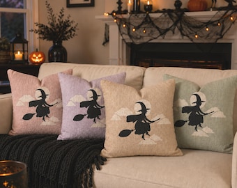 Pastel Halloween Witch Woven Throw Pillow, Halloween Decorating, Autumn Gift, Halloween Home Decor, Fall Decor
