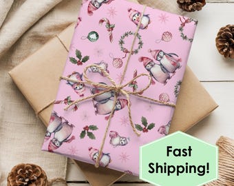 Pink Penguins Christmas Wrapping Paper, Unique Holiday Gift Wrap, 3 Sizes of Thick Fine Art Paper, Whimsical Christmas Gift Wrap
