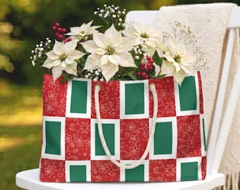 Red, Green, & White Floral Rectangular Checks Weekender Bag, Winter Styling, Geometric Gift, Christmas Accessory