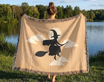 Pastel Halloween Witch Woven Throw Blanket, Halloween Decorating, Autumn Gift, Halloween Home Decor, Fall Decor