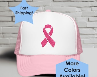 Embroidered Pink Ribbon Hat, Foam Trucker Hat, Pink October, Breast Cancer Awareness Hat, Great for Charity Walks, Pink Ribbon Gift