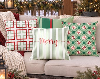 Green, Red and White Christmas Outdoor Pillow, 12 Design Choices, Patio Decor, UV Resistant, Mildew Resistant, Christmas Winter Decor