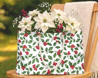 Holly Leaves and Berries Weekender Bag, Christmas Style, Beach Bag, Botanical Christmas, Winter Accessory