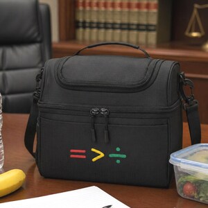 May include: Black insulated lunch bag with a top handle, shoulder strap, and front pocket. The bag features the symbols "= > ÷" in red, yellow, and green. A banana and a container of food are visible.