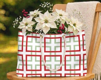Red, Green, & White Geometric Squares Weekender Bag, Winter Styling, Geometric Gift, Beach Bag, Christmas Accessory