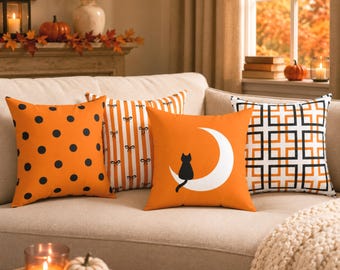 Orange, Black and White Indoor Throw Pillow, Throw Pillow Case, 12 Design Choices, Halloween Decorating, Autumn Gift, Halloween Home Decor