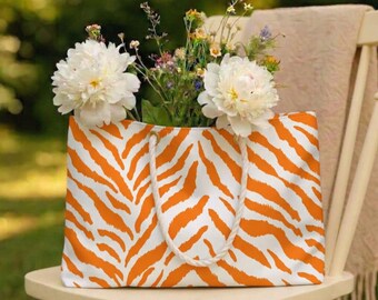 Orange & Cream Tiger Stripes Weekender Bag, Fall Styling, Beach Bag, Animal Print Gift, Halloween Accessory