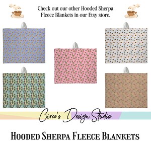 May include: Five hooded Sherpa fleece blankets with various patterns. The blankets are in shades of blue, pink, green, and tan. The blankets have a white handle at the top. Text on the image reads: "Check out our other Hooded Sherpa Fleece Blankets in our Etsy store."