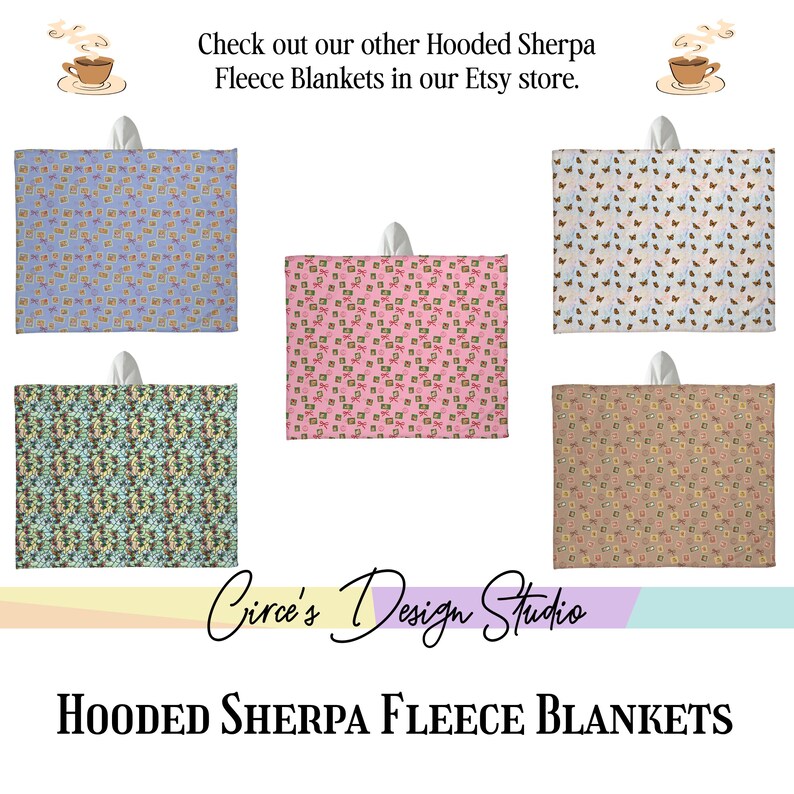 May include: Five hooded Sherpa fleece blankets with various patterns. The blankets are in shades of blue, pink, green, and tan. The blankets have a white handle at the top. Text on the image reads: "Check out our other Hooded Sherpa Fleece Blankets in our Etsy store."