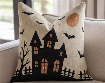 Haunted House Woven Throw Pillow, Halloween Decorating, Spooky Gift, Haunted House Decor, Halloween Home Decor, Fall Decor