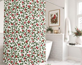 Holly and Berries Shower Curtain, Bath Mat, Christmas Decorating, Holly Gifts, Christmas Bathroom Decor, Winter Decor