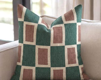 Green, Red, & Cream Rectangular Checks Woven Throw Pillow, Christmas Decorating, Checked Gift, Home Decor for Christmas, Winter Decor