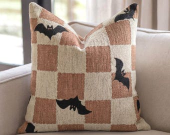 Orange Checks and Bats Woven Throw Pillow,  Halloween Decorating, Bat Gift, Halloween Home Decor, Fall Decor