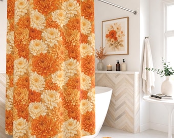 Orange and Cream Chrysanthemum Shower Curtain, Bath Mat, Halloween Decorating, Floral Gift, Halloween Home Decor, Fall Decor