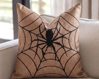 Halloween Spider on Web Woven Throw Pillow, Halloween Decorating, Spider Gift, Halloween Home Decor, Fall Decor