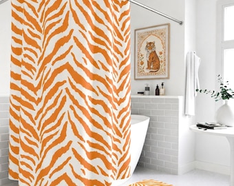 Orange & Cream Tiger Stripes Shower Curtain, Bath Mat, Halloween Decorating, Animal Print Gift, Halloween Home Decor, Fall Decor
