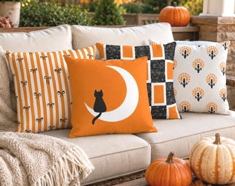 Orange, Black and White Outdoor Pillow, 12 Design Choices, Patio Decor, UV Resistant, Mildew Resistant, Halloween Decorating, Autumn Gift