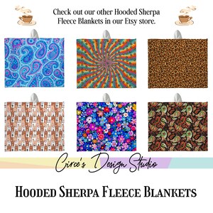 May include: A display of six hooded Sherpa fleece blankets with various patterns. Designs include paisley, a rainbow spiral, leopard print, repeating bear faces, a field of flowers, and a paisley pattern. The text reads "Check out our other Hooded Sherpa Fleece Blankets in our Etsy store."