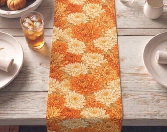 Orange and Cream Chrysanthemums Table Runner, Quilted Runner, Tea Towel, Halloween Decorating, Autumn Gift, Halloween Home Decor, Fall Decor