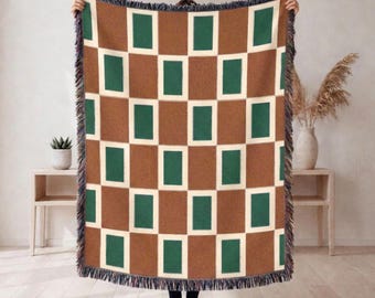 Red, Green, & Cream Rectangular Checks Woven Throw Blanket, Christmas Decorating, Checked Gift, Home Decor for Christmas, Winter Decor