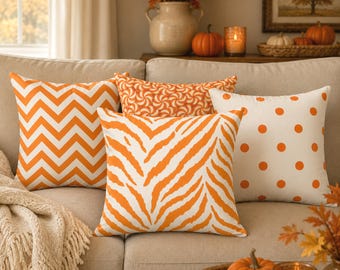 Orange & Cream Indoor Throw Pillow, Throw Pillow Case, 8 Design Choices, Halloween Decorating, Autumn Gift, Halloween Home Decor, Fall Decor