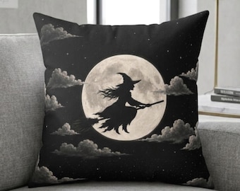 Witch and Moon Indoor Throw Pillow, Throw Pillow Case, Halloween Decorating, Witch Gift, Halloween Home Decor, Spooky Decor Gift, Fall Decor