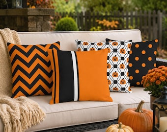 Orange, Black and White Outdoor Pillow, 12 Design Choices, Patio Decor, UV Resistant, Mildew Resistant, Halloween Decorating, Autumn Gift